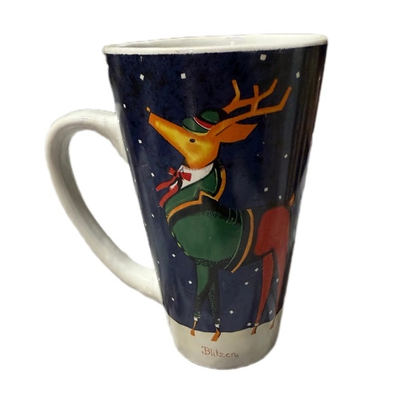 Festive Reindeer Coffee Mug – Blue & White Holiday Ceramic Cup - Picture 1 of 5